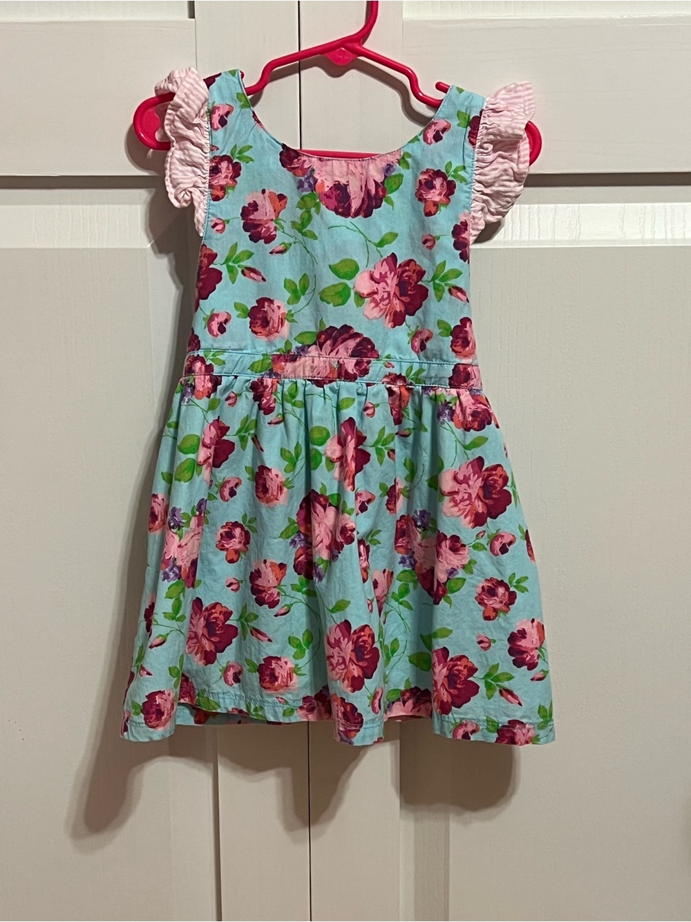 Ruffle Butts Light Blue Floral Dress with Pink Ruffle Sleeves